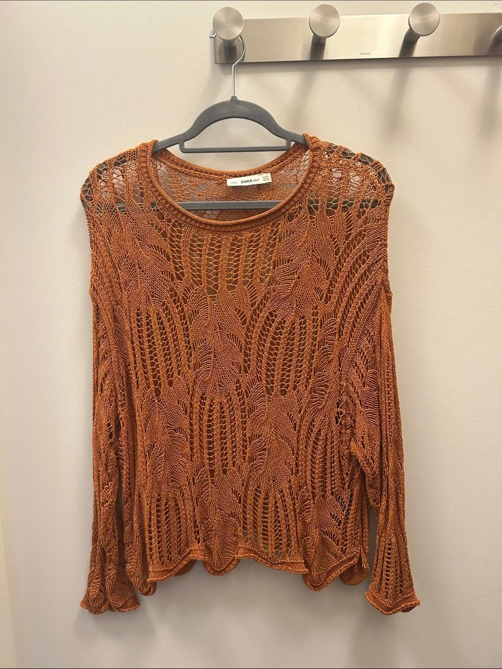 Zara Openwork Knit Lightweight Sweater in Rust Orange